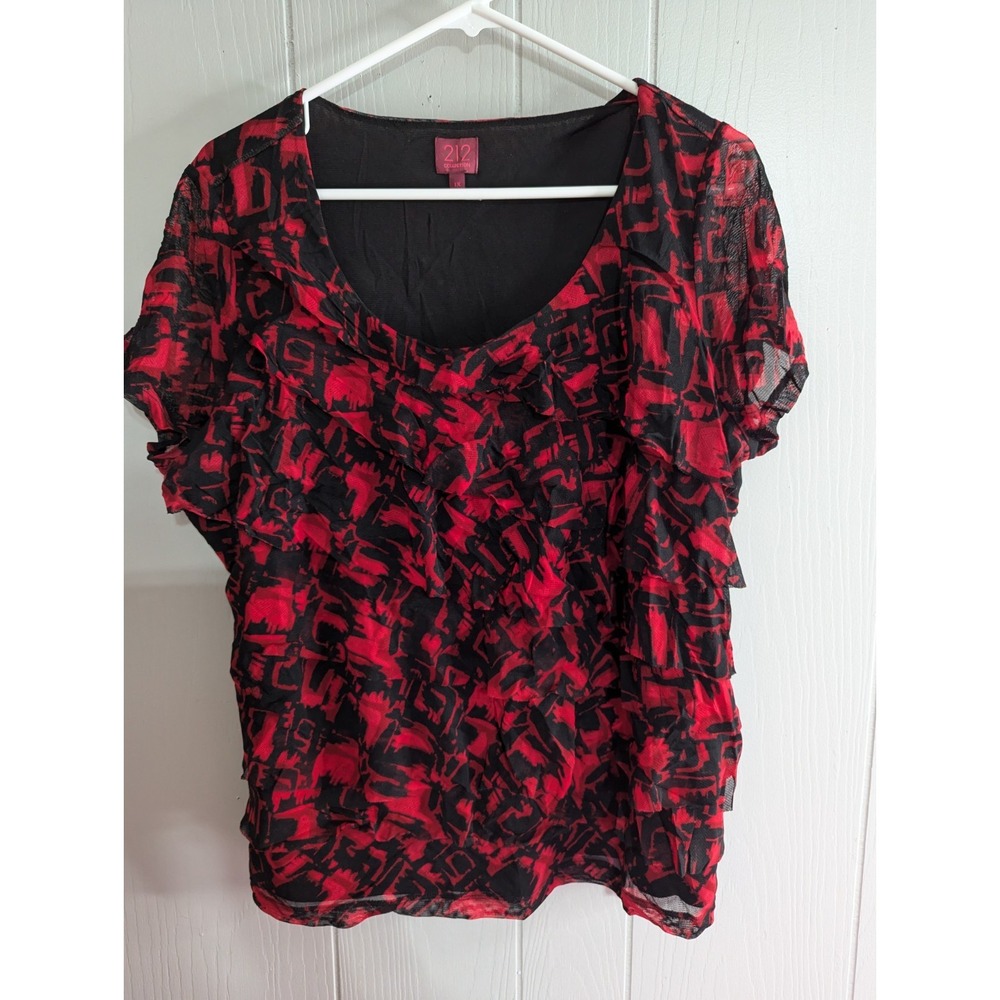 212 collection Womens 1 X red black ruffle‎ shirt blouse top sheer accents